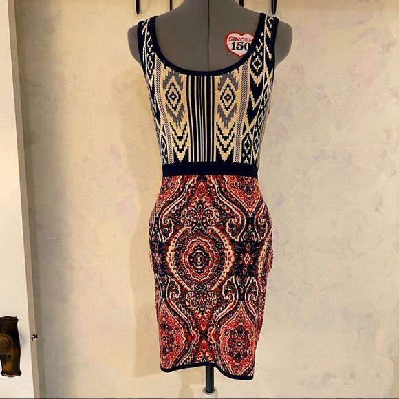Jealous Tomato knit cream, navy, red patterned  bodycon dress in small - Picture 1 of 12